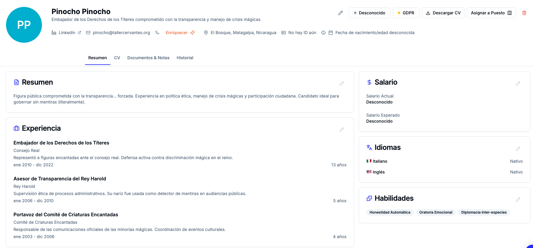 Perfil de candidato estructurado de Pinocho en Mainder