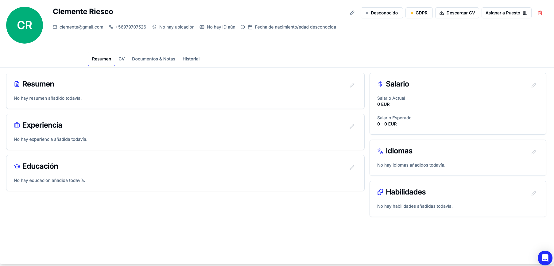 Perfil de candidato vacío antes de la migración